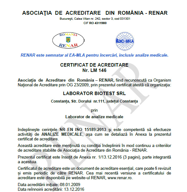 Certificat acreditare Biotest Constanta